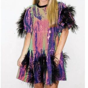 QUEEN OF SPARKLES Black and Pink Puff Sleeve Mini Dress